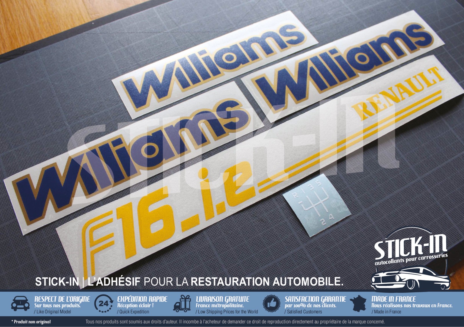 Kit stickers Clio Williams Ph2 F16ie autocollant monogramme bleu or et pommeau de levier
