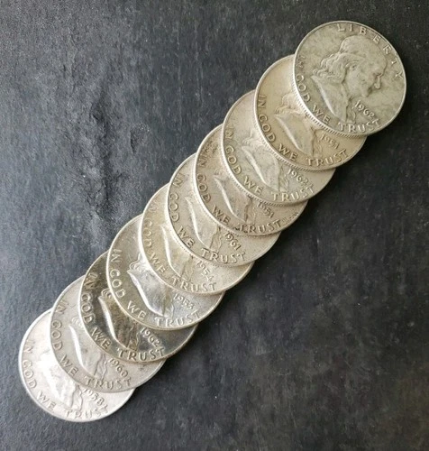 Lot of 10 50c Franklin Silver Half Dollars