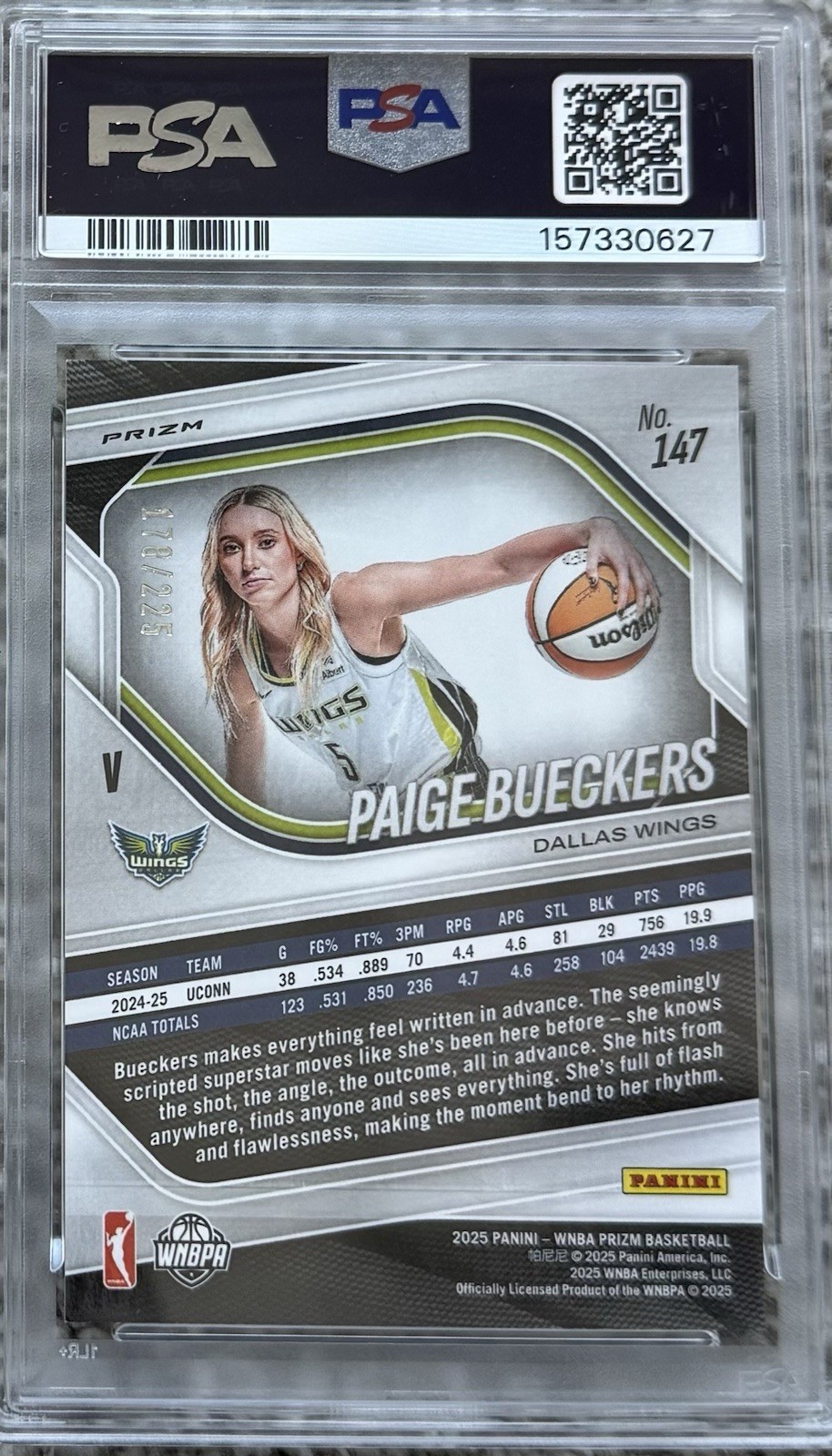 2025 Panini WNBA Prizm Paige Bueckers RC Lime Green Rookie #/225  PSA 9 view 2