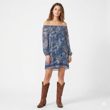 Alice + Olivia Cari Off Shoulder Dress Mosaic Paisley Blue Size S Y2K Party Boho