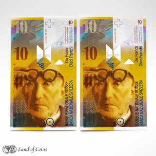 SWITZERLAND: 2 x 10 Swiss Franc Banknotes with Consecutive Serial Numbers.
