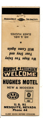 HUGHES MOTEL matchbook matchcover - MESQUITE, NEVADA