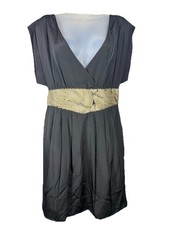 Tibi Silk Babydoll Dress Black Gold Beaded Empire Waist Y2K Cocktail Sz 10