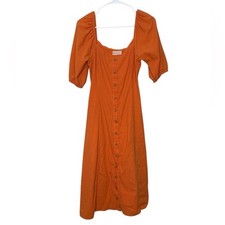 Urban Outfitters Orange Maria Puff Sleeve Button Front Midi Dress Medium