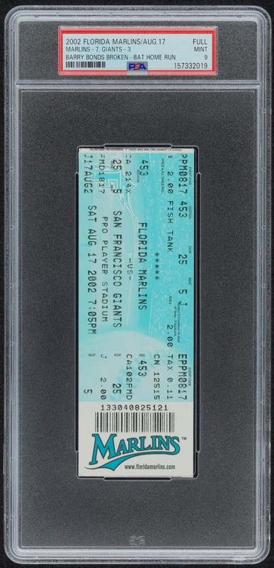 Barry Bonds 2002 Full Ticket Historic Broken Bat Home Run HR #601 PSA 9 Low Pop