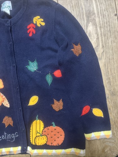 Quacker Factory Navy Blue Fall cardigan sweater Size L Leaves Pumpkins - Picture 5 of 8