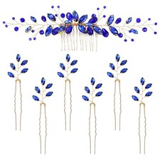 7 Pieces Royal Blue Party Prom Wedding Bridal Crystal Rhinestone Vine Leaf Ha...