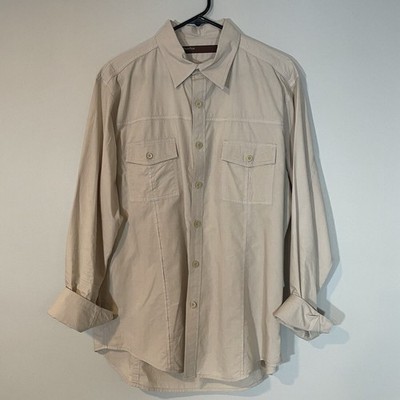 Perry Ellis Dress Shirt Mens L Tan Roll Tab Sleeve Safari Preppy Button Up