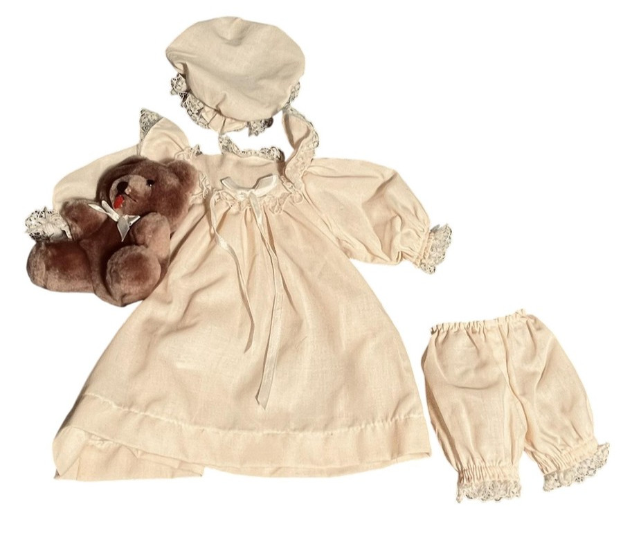 Beige Lace Dress Bonnet Bloomers Outfit 13 Inch Baby Doll Teddy Bear Toy Set