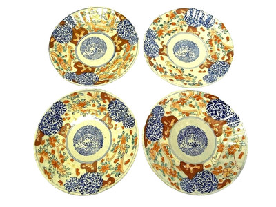 Set of 4 Antique Chinese Export Porcelain Bowls   Imari-Style Red & Blue