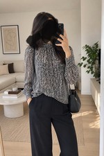 H&M Damen Bluse Basic Schwarz/Weiß Animal Pr...