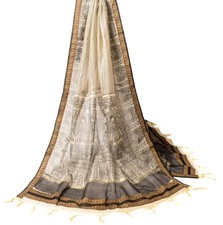 Sushila Vintage Beige Black Dupatta Madhubani Print Art Cotton Silk Long Stole