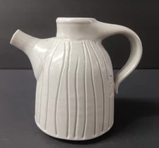 W R F Stonewear Pitcher Creamer Vase 4.5"H Beige/Cream Ribbed Incised Handmade