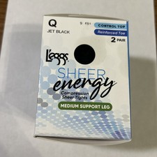 2 Pr Leggs Sheer Energy Control Top Med Support Reinforced Toe Jet Black Size Q