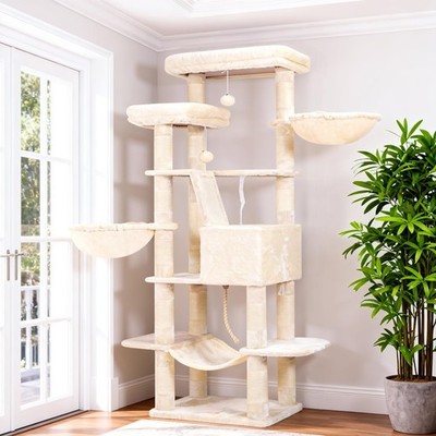 Cat Tree 68 Inch Multi Level Tower Plush Perches Caves Beige 999HCT025M Heybly