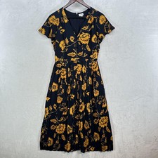 J Crew Dress Womens 4 Navy Yellow Floral Wrap Pleated Flare Midi Flutter Sleeve