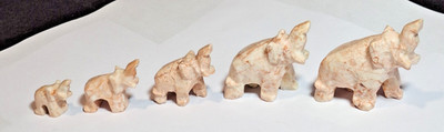VTG 5 (Five) Hand Carved ONYX  ELEPHANTS Pink Elephants!! SET ~Trunks Up~