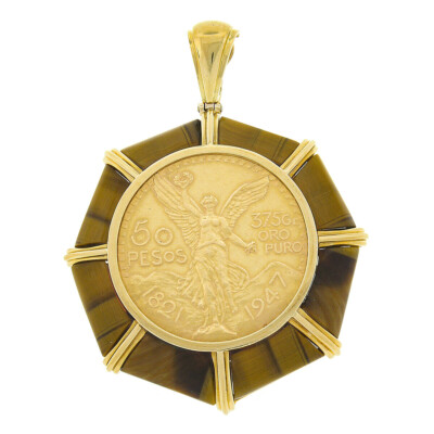 Vintage Tiger's Eye Gold Frame 50 Pesos Mexican Coin Large Enhancer  Pendant