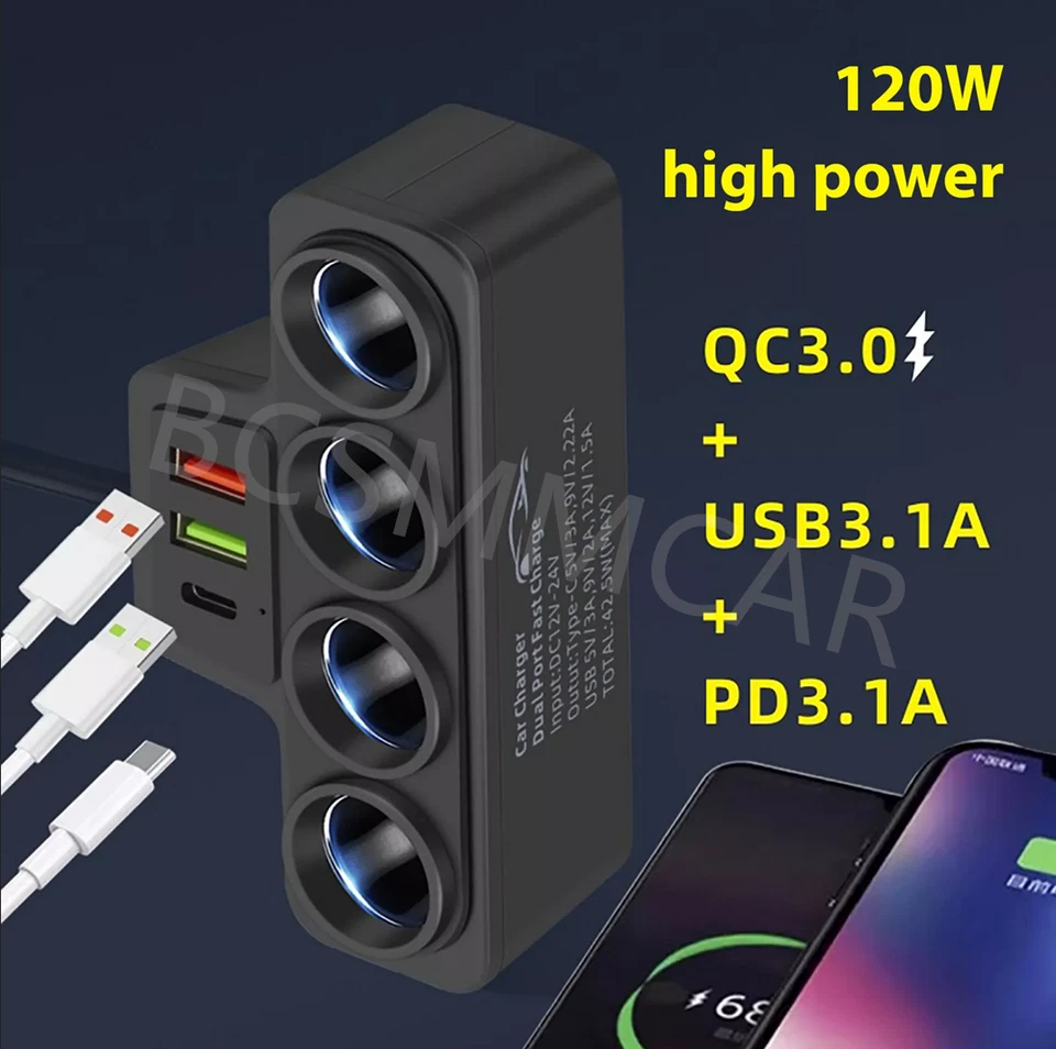 Enchufe de encendedor de cigarrillos de coche de 12 V 4 vías cargador rápido para teléfono celular navegador grabadora Foto 4 de 4