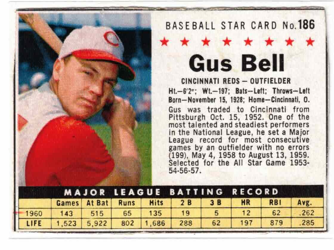 1961 Post #186, Gus Bell, Cincinnati Reds, Box, No Creases | eBay