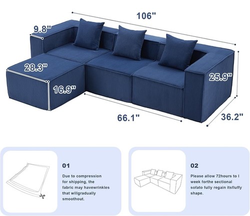 L-shaped modular sofa, wide arms, soft foam, no assembly required (Blue & White) - Picture 3 of 9