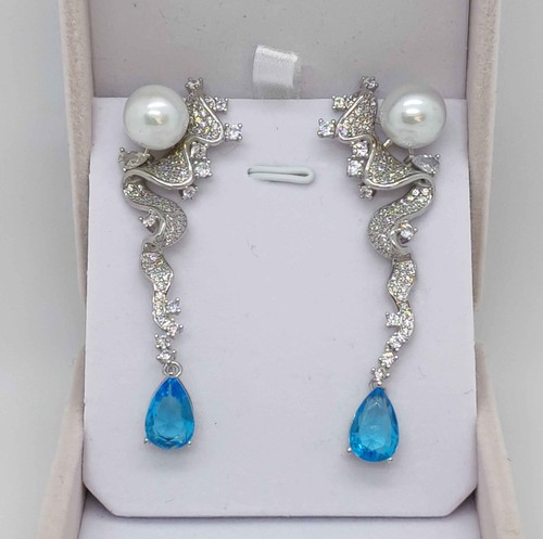 Genuine Huge Natural 14mm White Sea Pearl Earrings Drop PT950 Platinum Diamonds - Picture 9 of 24