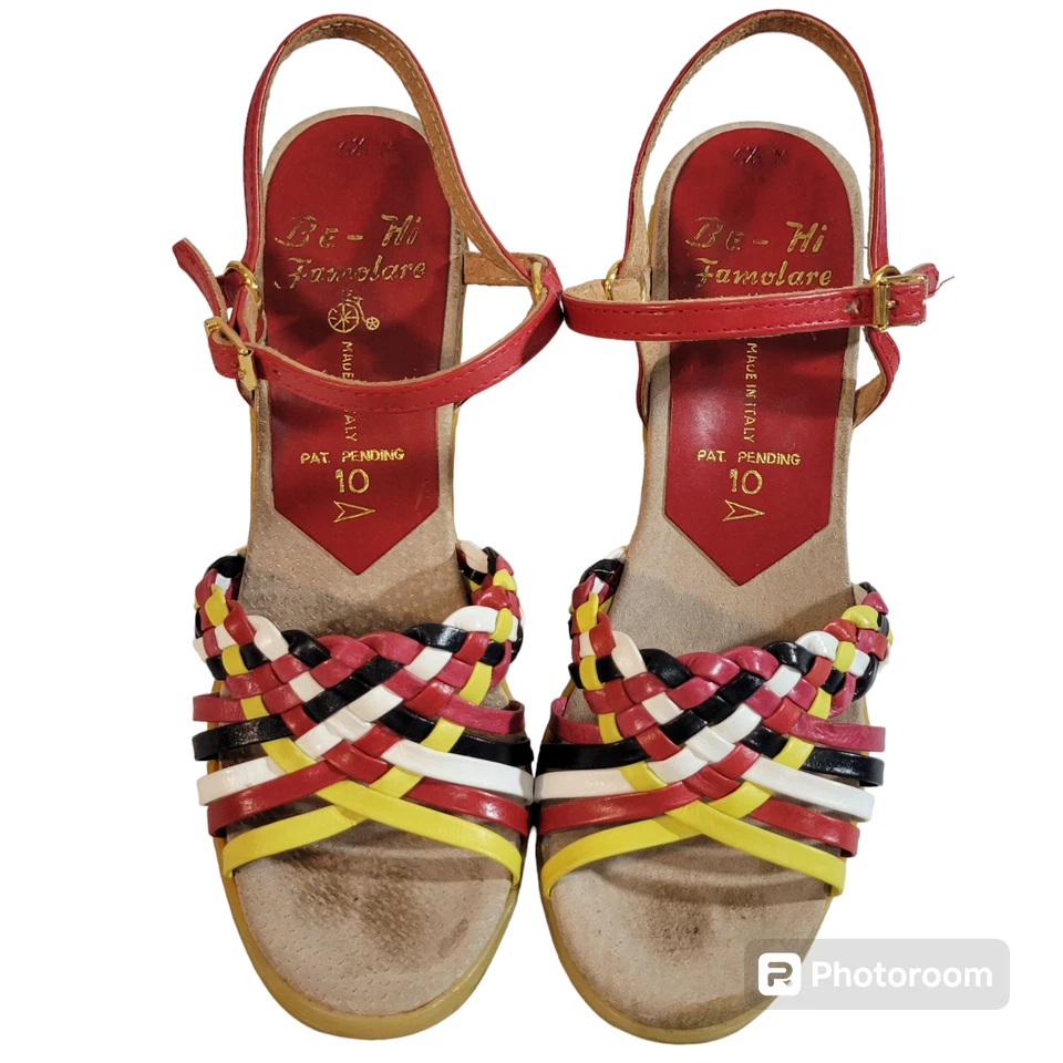 Tacones vintage famosos para mujer 6,5 M cuero rojo tiras onduladas cuña vintage Be-Hi Foto 2 de 4