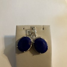 Large Oval Natural Sapphire White CZ Dangle Drop Leverback Earrings