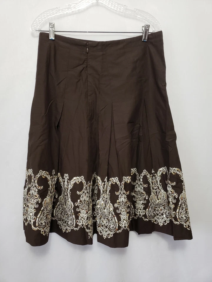 Tommy Hilfiger Womens Sz 6 Brown Paisley Sequined Pleated Full Skirt back zip - Image 3 of 4