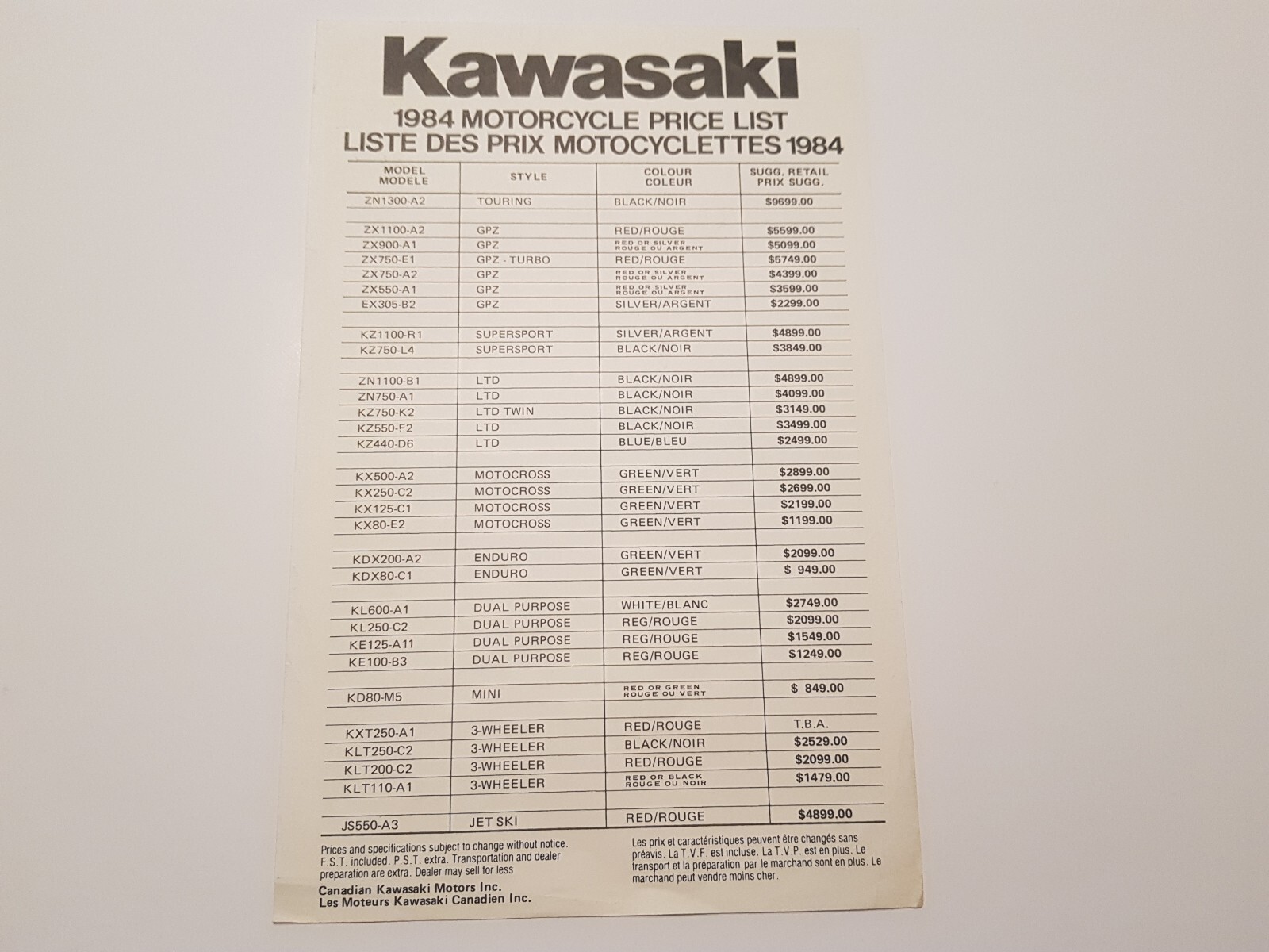 Kawasaki 1984 Motorcycle Price List English/French eBay