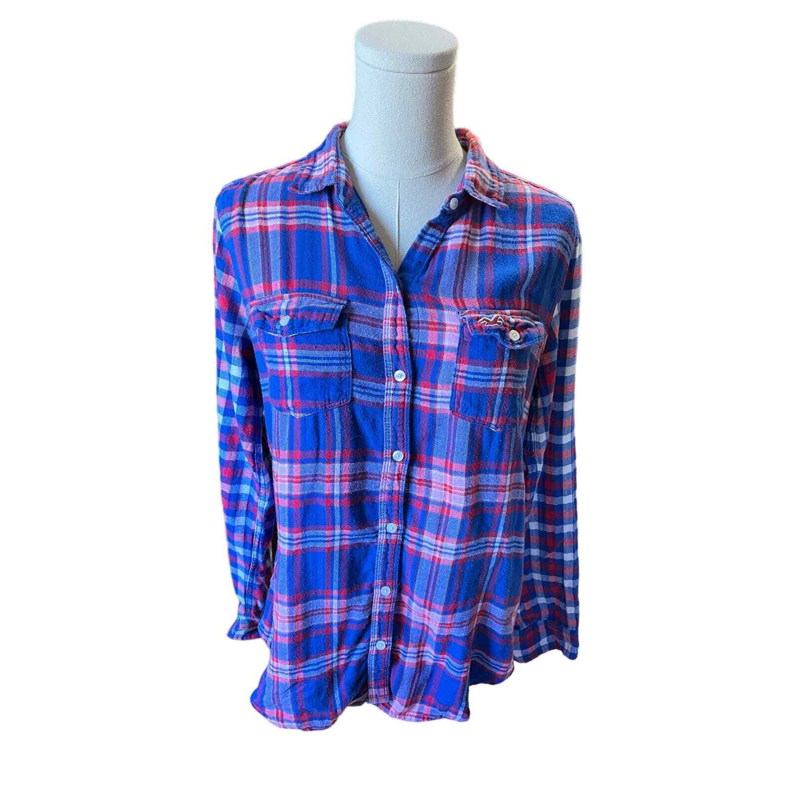 Hollister Button Down Shirt Plaid Red Blue White Juniors Medium 100% Cotton-image