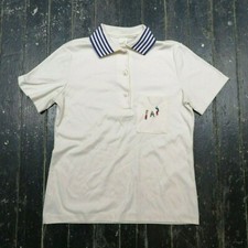 VTG JANTZEN USA made Blue Striped Collar White Polo Shirt w/ GOLF Embroidery (L)