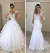 Lace Tulle Wedding Dresses  V Neck Long sleeve Bridal GownDetachable Skirt