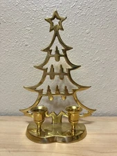 Vintage Brass Christmas Tree Double Candle Holder 9.5” Made In India Beautiful