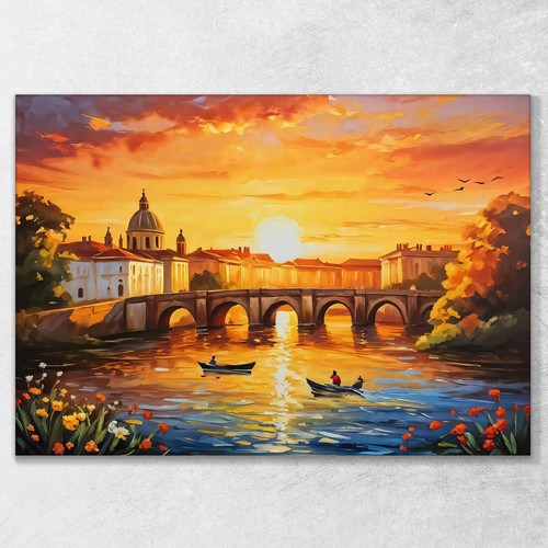 Peinture De Ville Abstraite Moderne Coucher De Soleil Enchanteur Sur La Rivière - Imagen 2 de 4