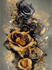 Diamond Art Kits for Adults, Diamond Art Flowers: Black Gold Rose Round Drill