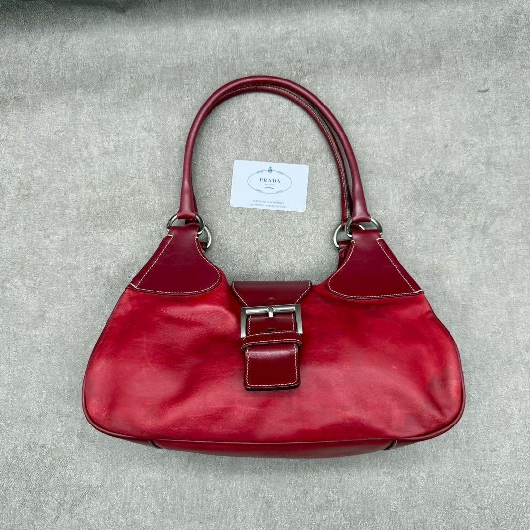 PRADA Triangle Logo Leather Shoulder Bag Red Metal Ring Buckle Y2K Archive 90s