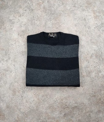 Vintage Barbour Made un Scotland Pullover M Wolle Rundhals gestreift schwarz grau Herren