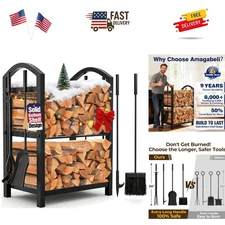 Firewood Rack Indoor with Tools 5-Piece Fireplace Tools Set Wood Holder Outdo...