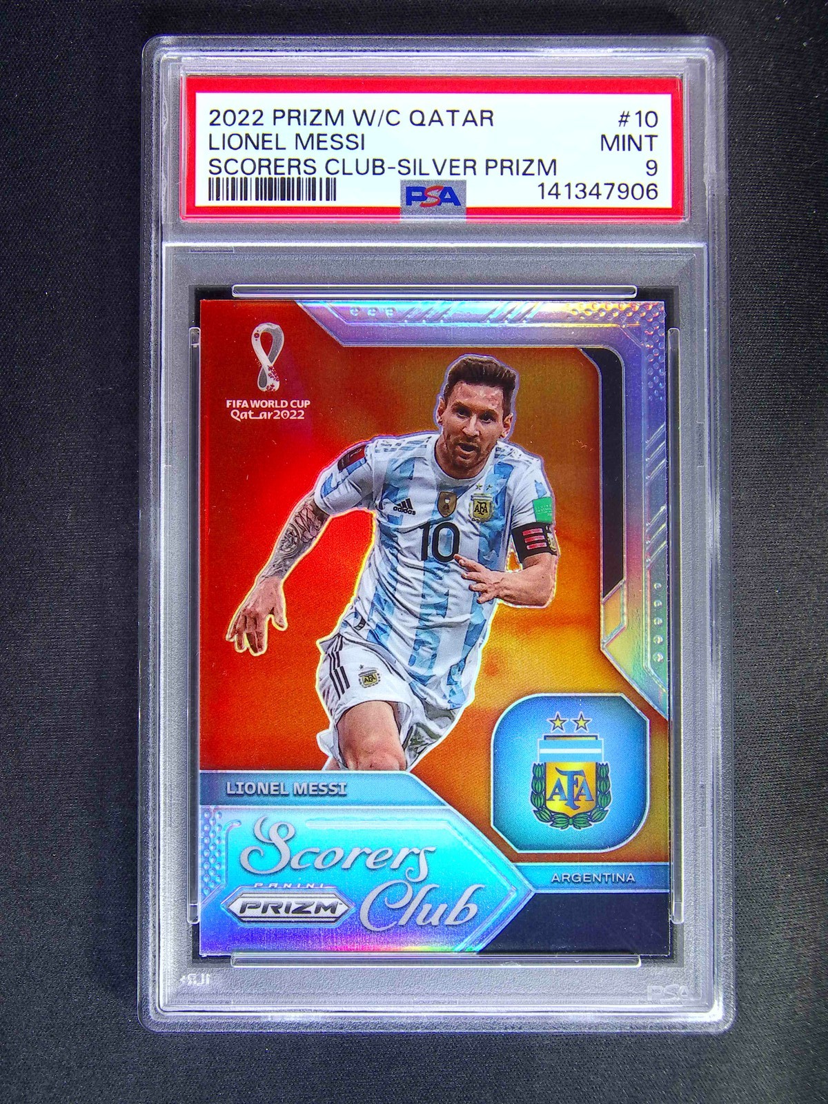 2022 Panini Prizm World Cup Qatar Lionel Messi #10 Scorers Club Silver PSA 9 view 1