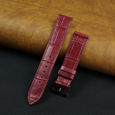 19mm Burgundy Flat Leather Watch Band Real Crocodile Watch Strap Black Buckle