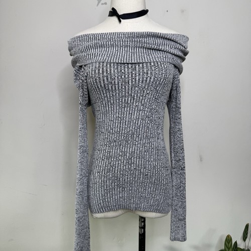 Vintage Y2K Gray Off The Shoulder Ribbed Knit Whimsigoth Top Indie Scene M - 第 1/8 張圖片