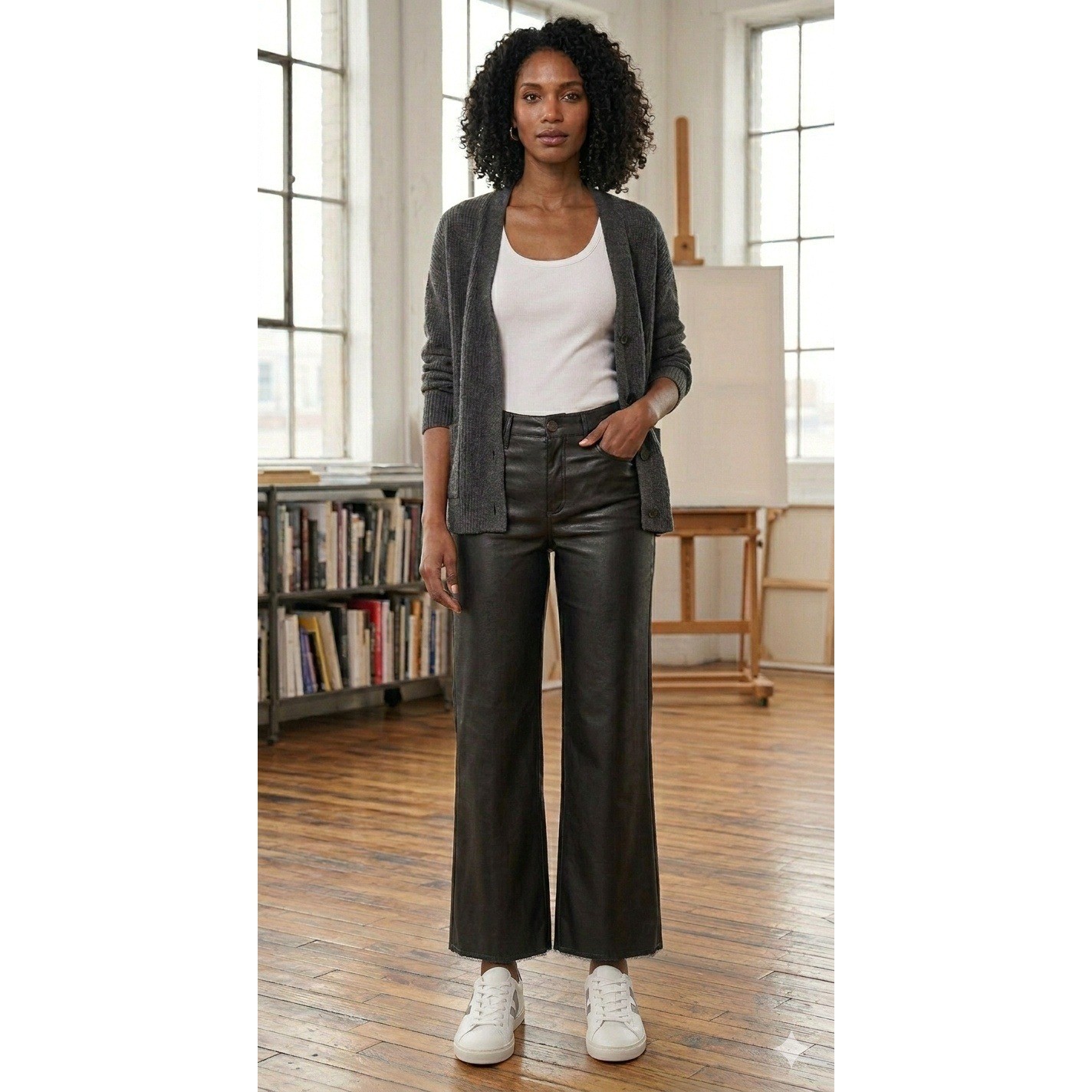 Kut from the Kloth Meg Fab Ab Wide Leg High Rise Coated Pants Womens 2 Black