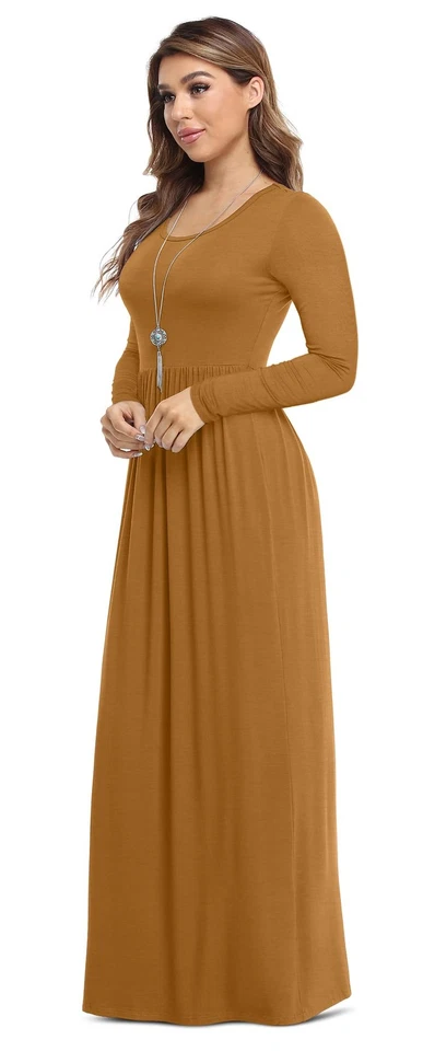 VIISHOW Women's Long Sleeve Maxi Dress Loose Casual with Pockets Light Brown Sma - Image 2 of 4