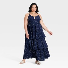 Women's Tiered Ruffle Maxi Dress - A New Day Navy Blue 2X