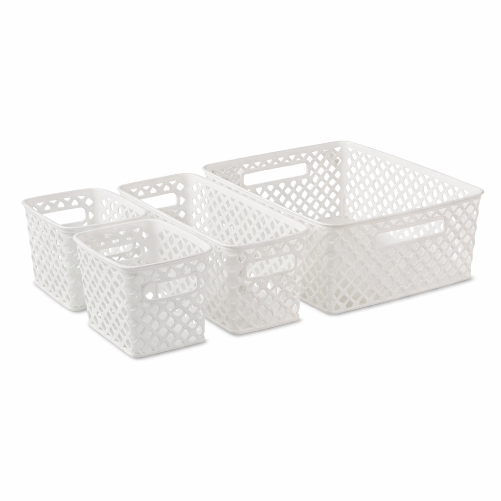 4 Piece White Decorative Plastic Storage Basket Set Home Organizer Bins