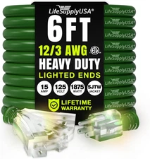 6 Ft Power Extension Cord Outdoor & Indoor Heavy Duty 12 Gauge/3 Prong SJTW (Gr