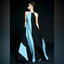 Butter by Nadia Tarr Designer Maxi Dress Rare Aqua Blue Black Dramatic Couture
