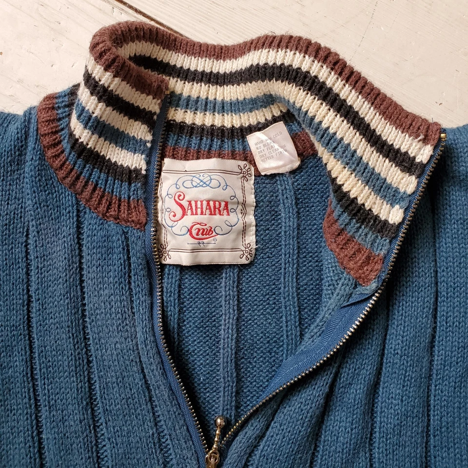 90s Vtg Blue & Brown Colorblock Mockneck Preppy Sweater Size M - Image 2 of 4