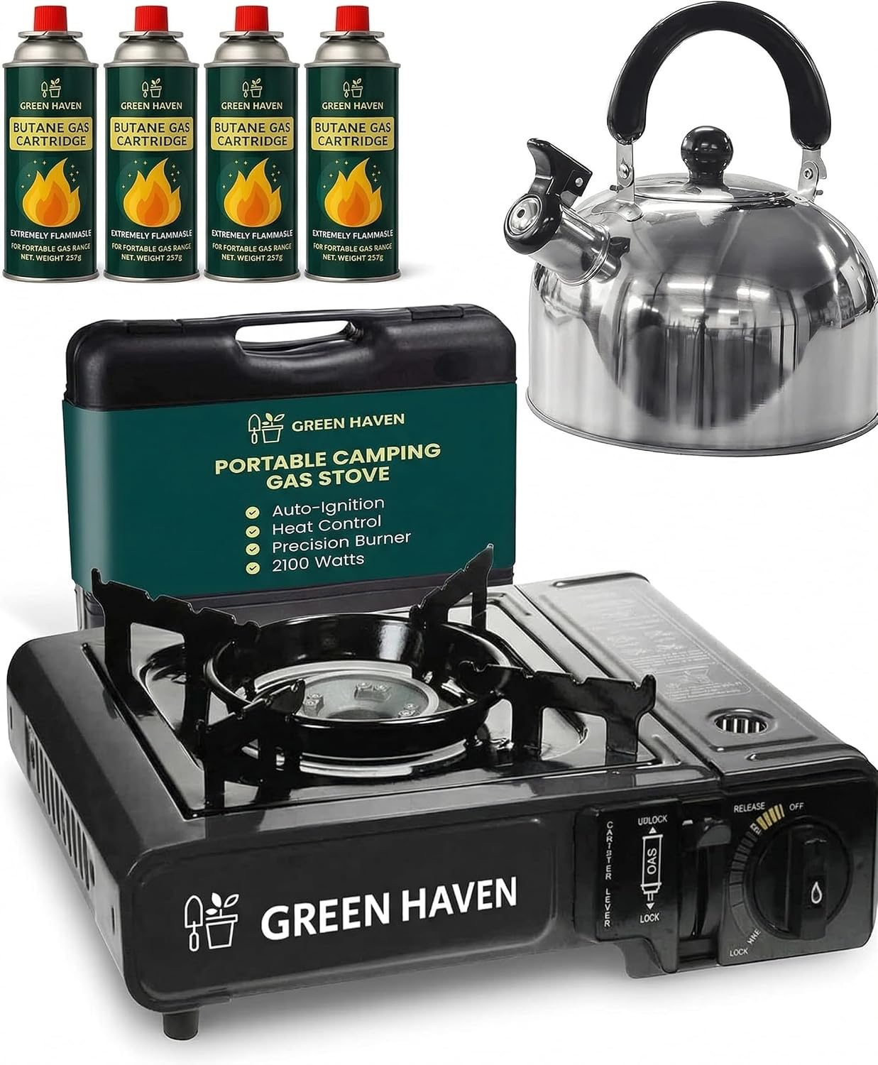 Camping Stove Bundle – Portable Gas Stove, Camping Kettle & 4 Butane Gas Caniste